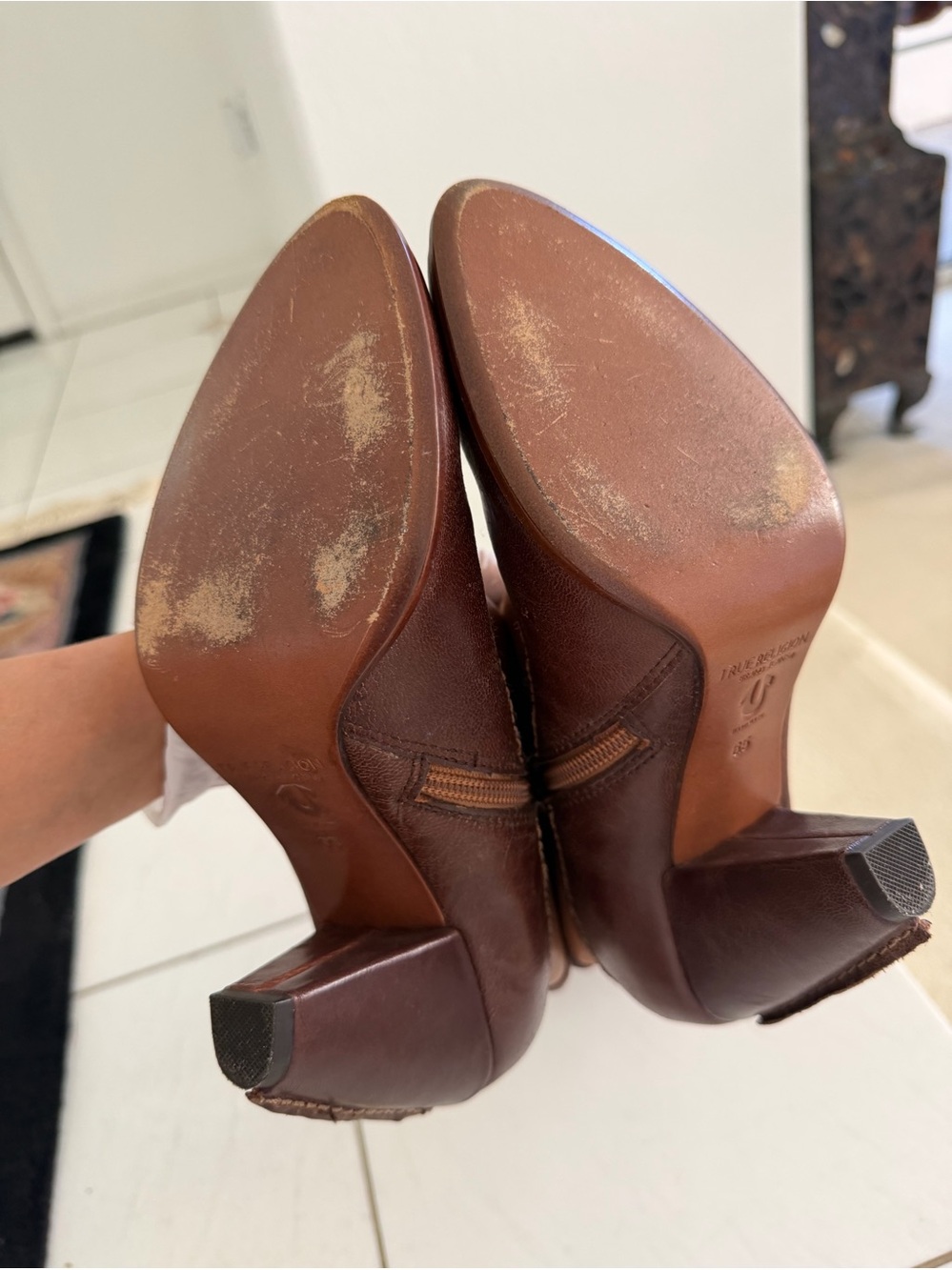 True Religion Two-Tone Brown & Tan Mid-Calf Heeled Boots - Picture 8 of 10